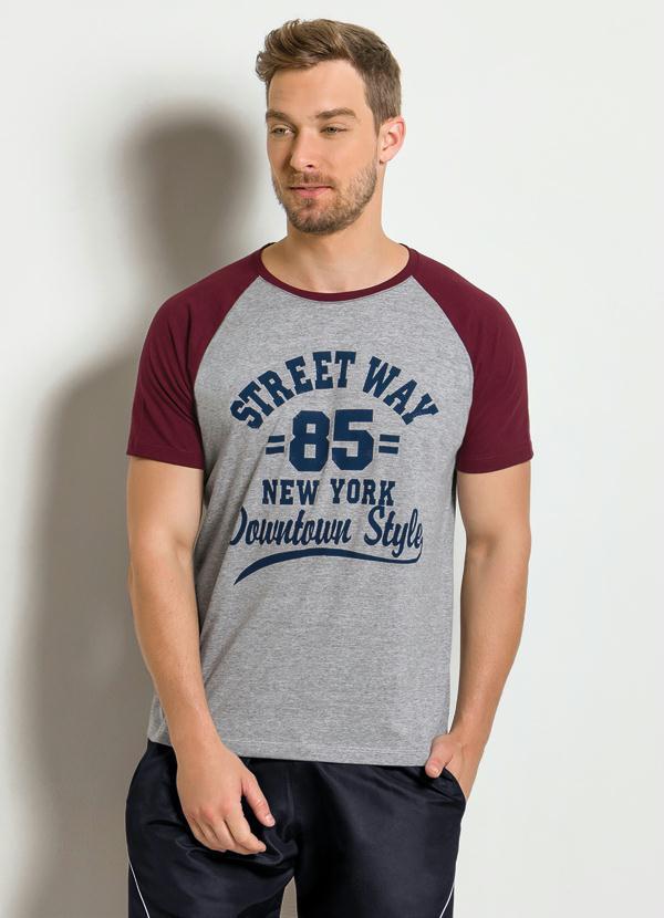 Outlet - Camiseta Cinza e Bordô com Manga Raglan
