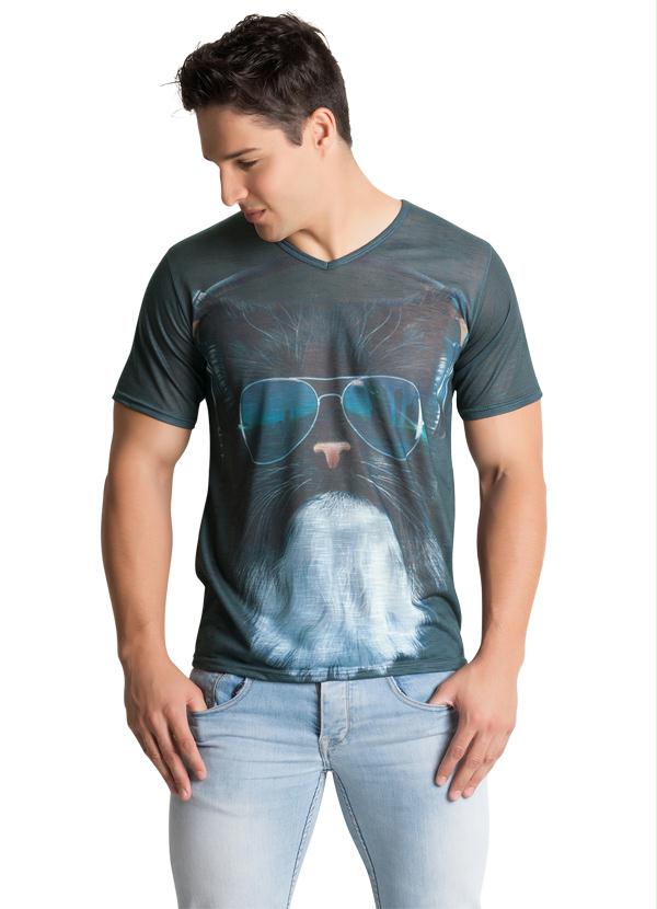 Outlet - Camiseta Decote V Grafite Estampa Frontal