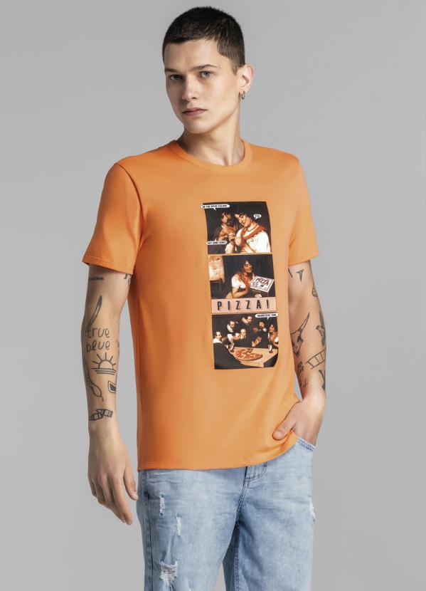 Enfim - Camiseta Laranja Masculina Slim Pizza