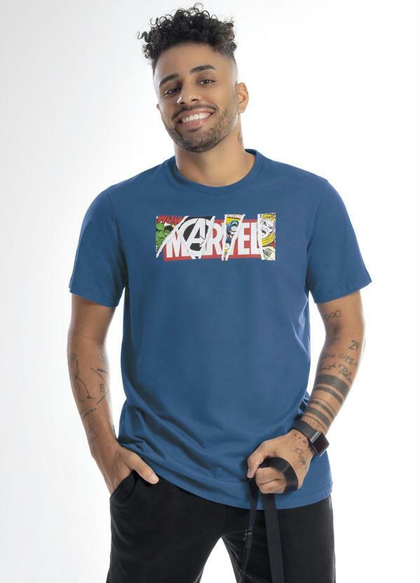 Marvel - Camiseta Manga Curta com Estampa Localizada Azul