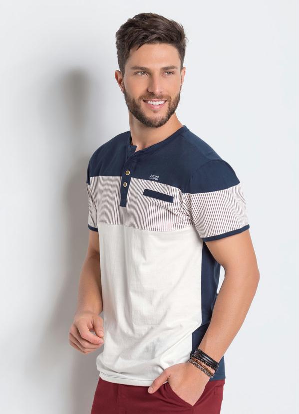 Outlet - Camiseta Marinho e Off White Detalhe Listrado