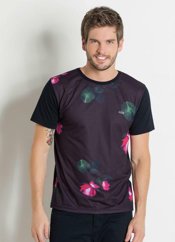 Outlet - Camiseta Preta Actual com Estampa Frontal Flores