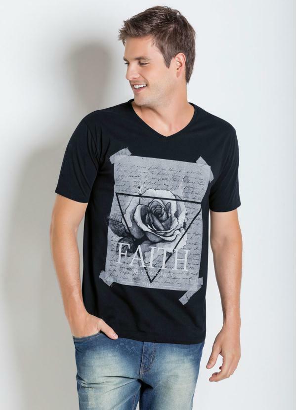 Outlet - Camiseta Preta com Estampa Faith Trust Power