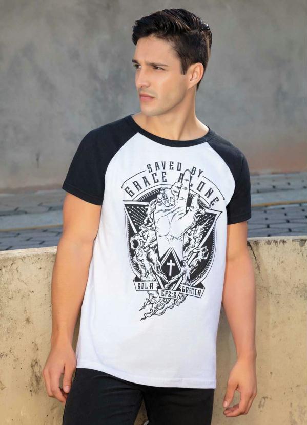 Outlet - Camiseta Raglan Masculina Preta e Branca