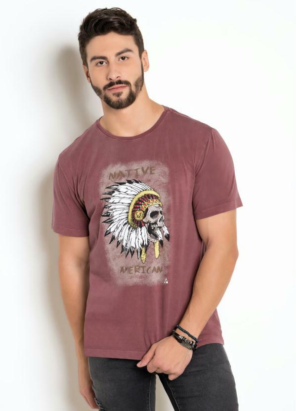 Outlet - Camiseta Vermelho Estonada com Estampa Indio