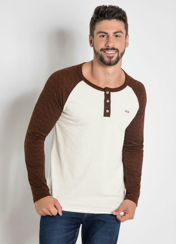 Outlet - Camiseta Bege e Marrom Actual com Manga Raglan