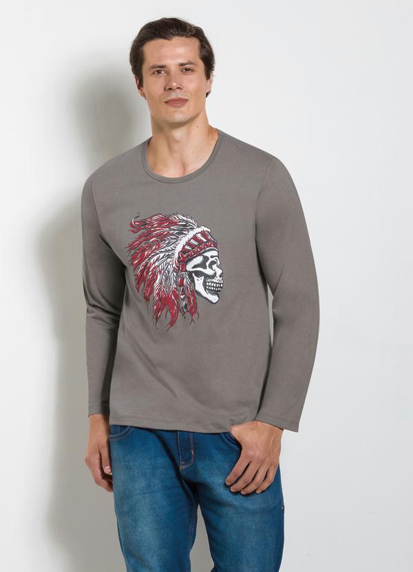 Outlet - Camiseta Cinza com Estampa de Caveira com Cocar