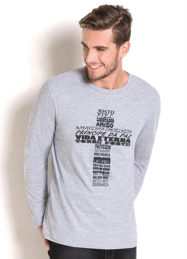 Outlet - Camiseta Cinza Manga Longa com Estampa em Cruz