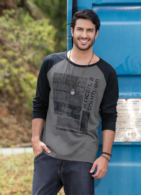 Moda Pop - Camiseta Manga Longa Raglan Chumbo e Preta 3