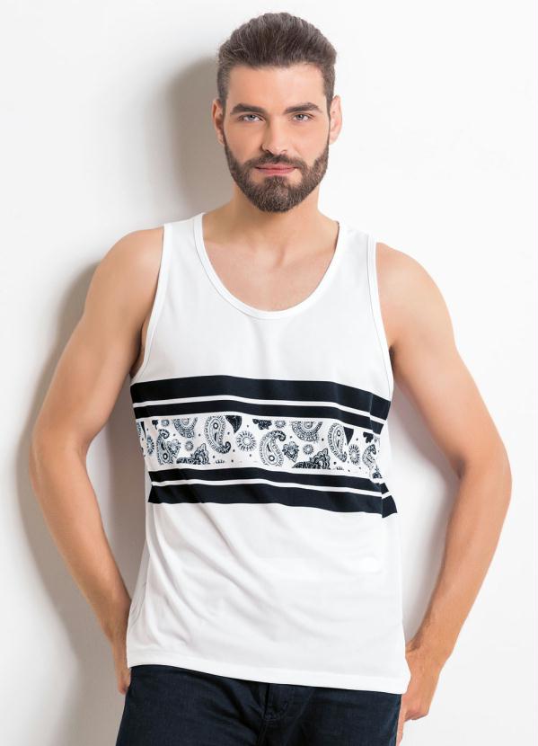 Outlet - Regata Masculina Branca com Estampa Frontal