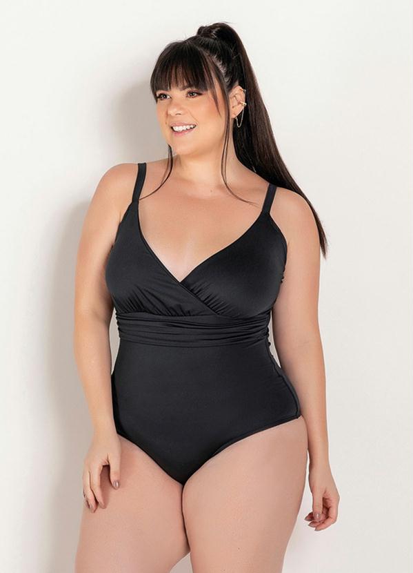 Maiô Plus Size Preto Transpassado Com Faixa Marguerite