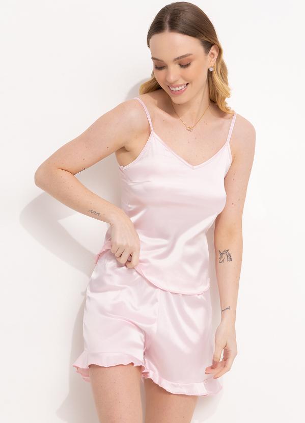 Alma Dolce - Pijama Rosa de Alça e Babado Shorts 3