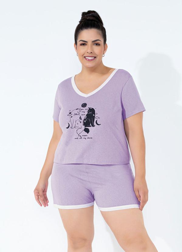 Marguerite - Pijama Curto com Gola e Barra Contrastante Lilás 1