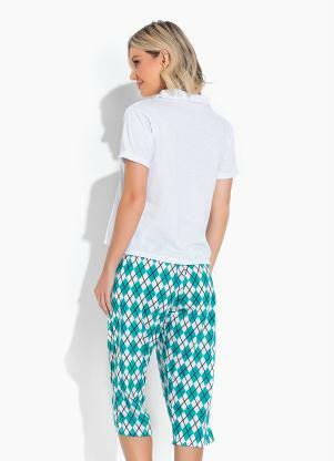 Alma Dolce - Pijama Estampado com Gola Verde e Branco - ALMA DOLCE