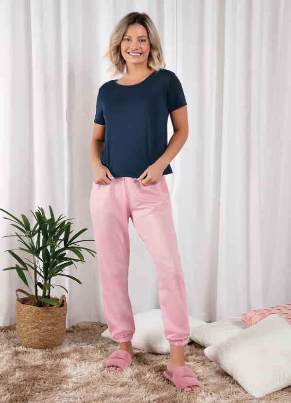 Alma Dolce - Pijama Poá Azul Marinho/Rosa Claro