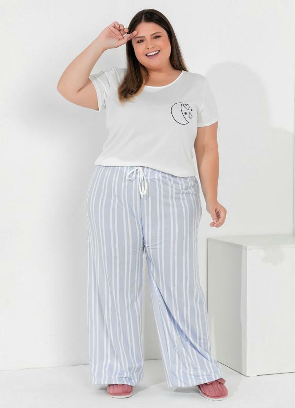 Marguerite - Pijama Longo Plus Size Branco e Listras