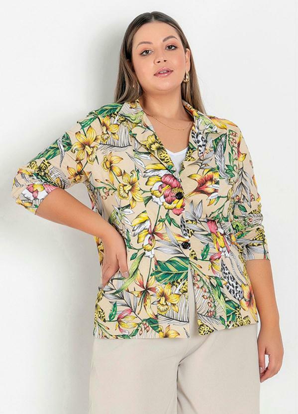 Marguerite - Blazer Floral Bege com Botões Plus Size