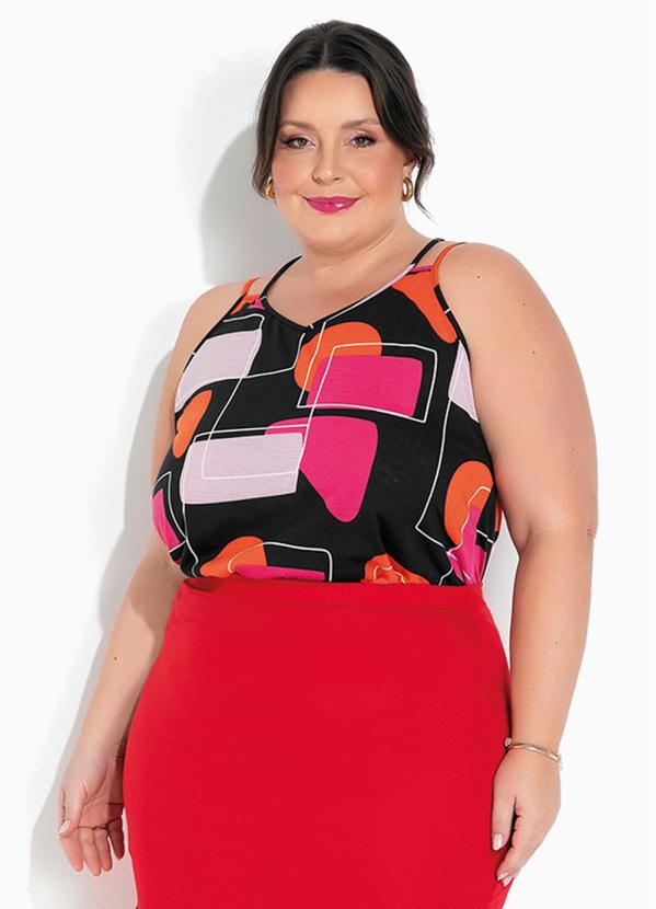 Marguerite - Blusa de Alças Geométrica Preta Plus Size