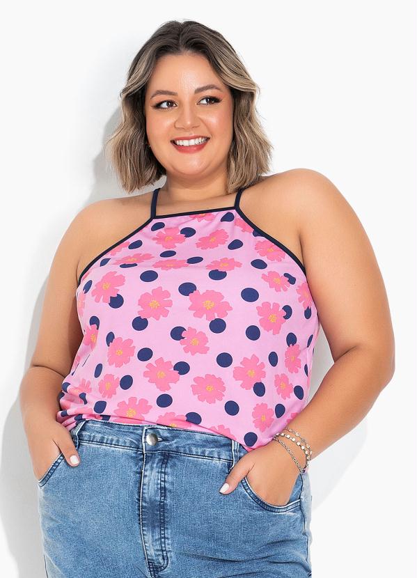 Blusa Floral Rosa com Alças Plus Size Marguerite