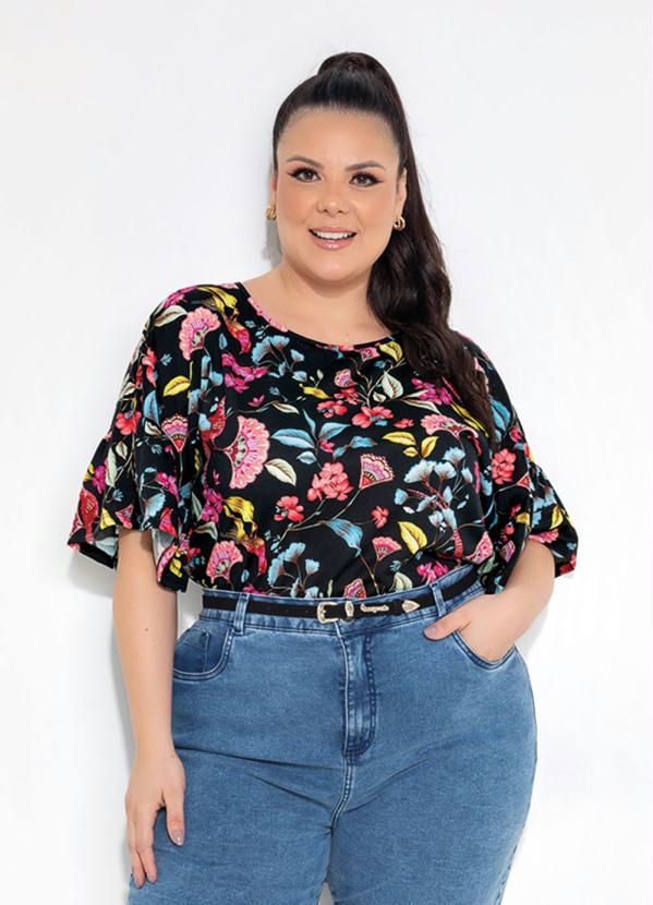 Blusa Floral Preta Com Mangas Plus Size Marguerite