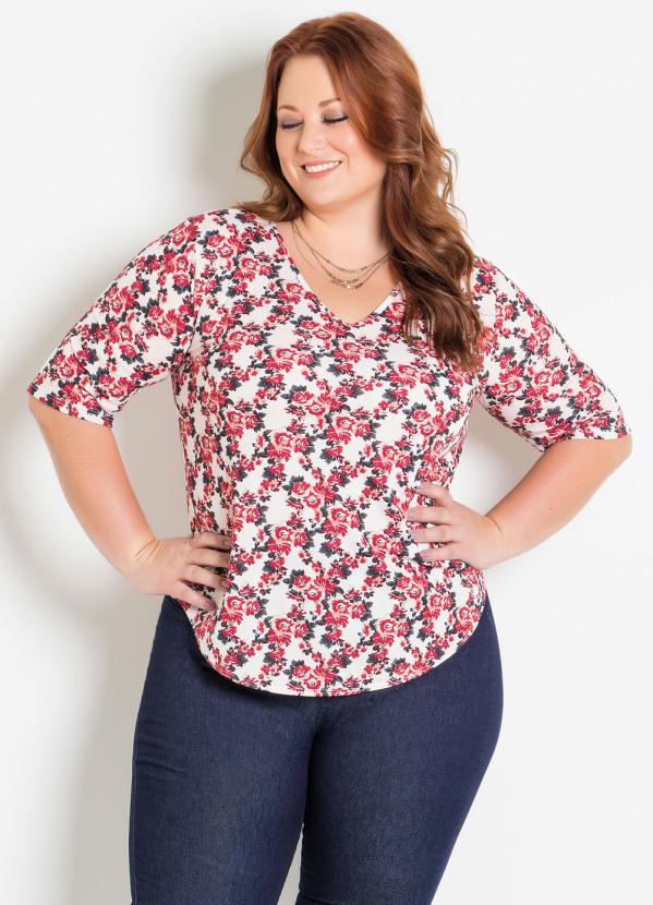 Blusa Mangas Plus Size Floral Bord Marguerite