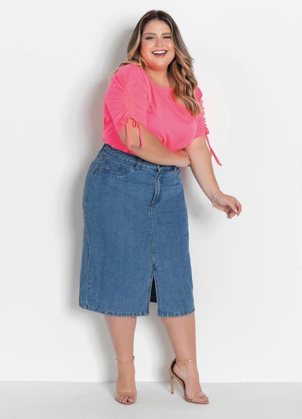 Blusa Rosa Neon Manga Ajustável Plus Size - Marguerite