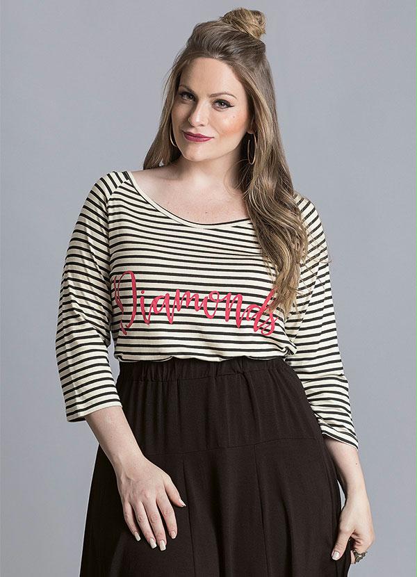 Quintess - Blusa Listrada Mangas 7/8 Plus Size