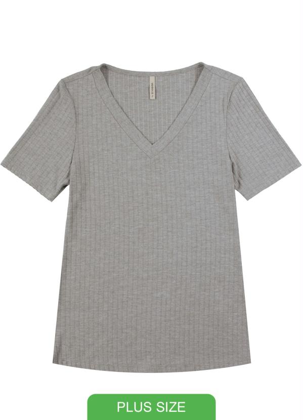 Habana - Blusa Canelada Básica com Decote V Cinza