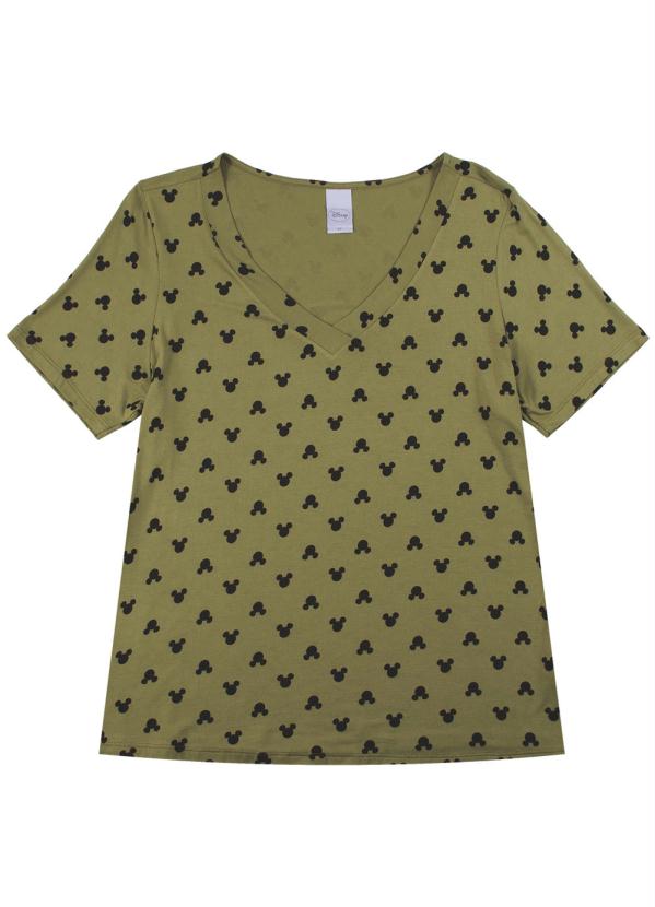 Blusa com Decote V e Estampa Mini Print Verde - Disney