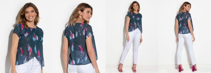 Blusa Estampa Penas com Transpar�ncia Quintess