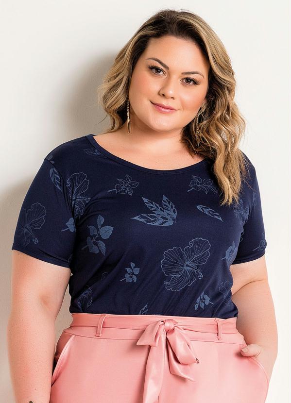 Blusa Floral Marinho Mangas Curtas Plus Size Marguerite