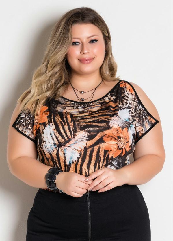 Blusa Floral Plus Size Com Ombros Vazados Marguerite