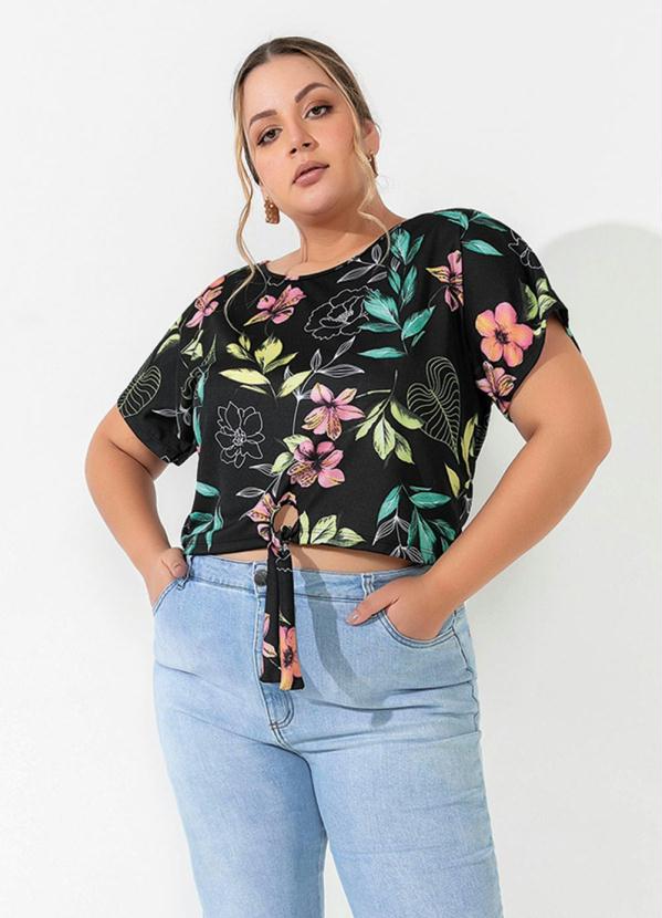 Blusa Floral Preta com Amarração Plus Size Marguerite