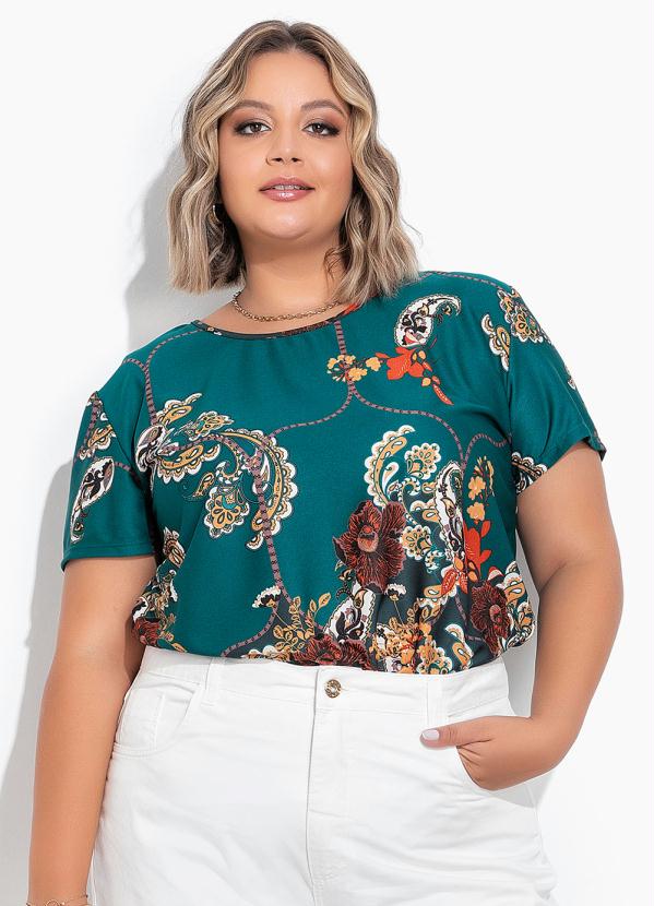 Blusa Floral Verde Com Mangas Curtas Plus Size Marguerite