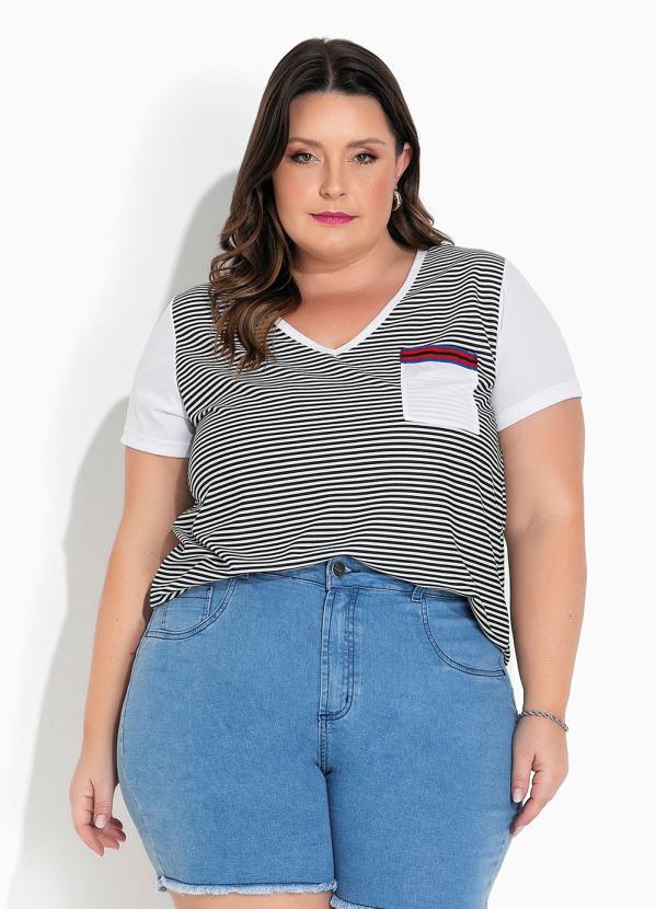 Blusa Listrada Branca Com Bolso Plus Size Marguerite