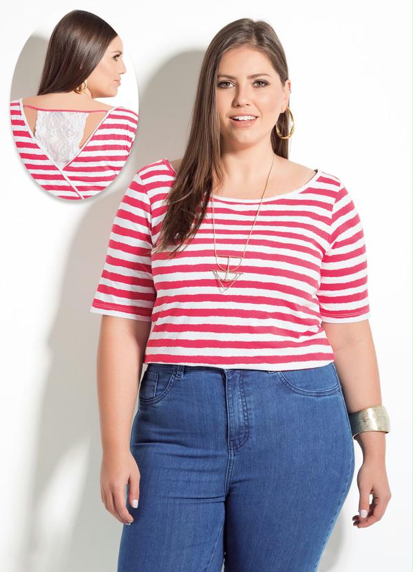 Quintess - Blusa Listrada Quintess Detalhe Renda Plus Size