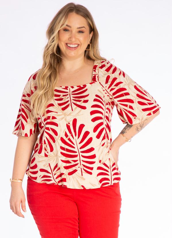 Lisamour - Blusa Manga Curta Estampa Folhagem Vermelho
