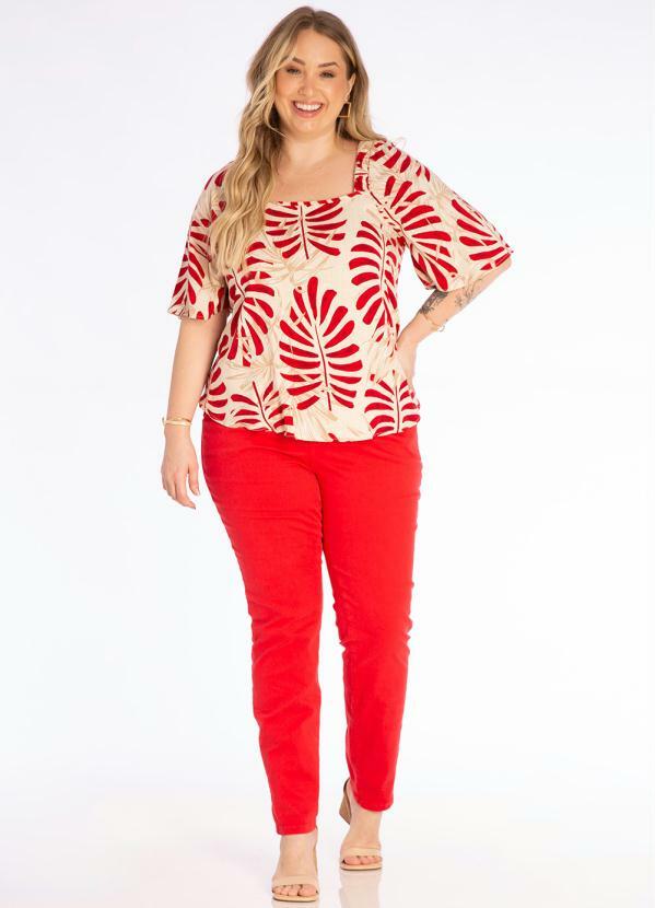 Lisamour - Blusa Manga Curta Estampa Folhagem Vermelho 3