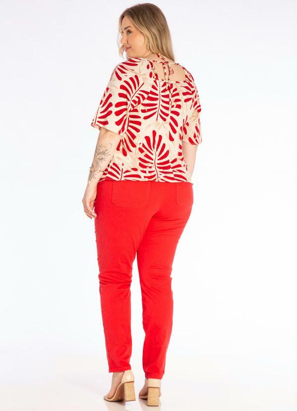 Lisamour - Blusa Manga Curta Estampa Folhagem Vermelho 4