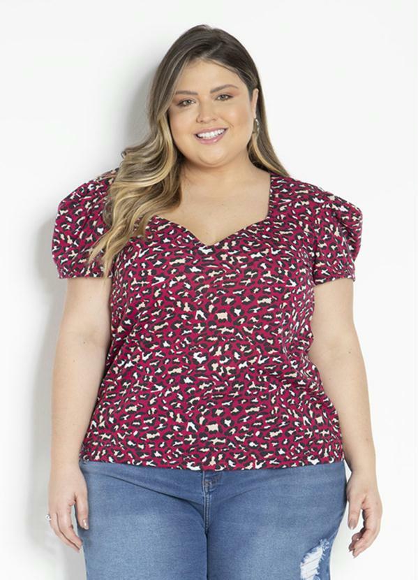 Marguerite - Blusa Onça Pink com Mangas Bufantes Plus Size