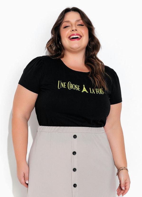 Marguerite - Blusa Preta com Mangas Bufantes Plus Size