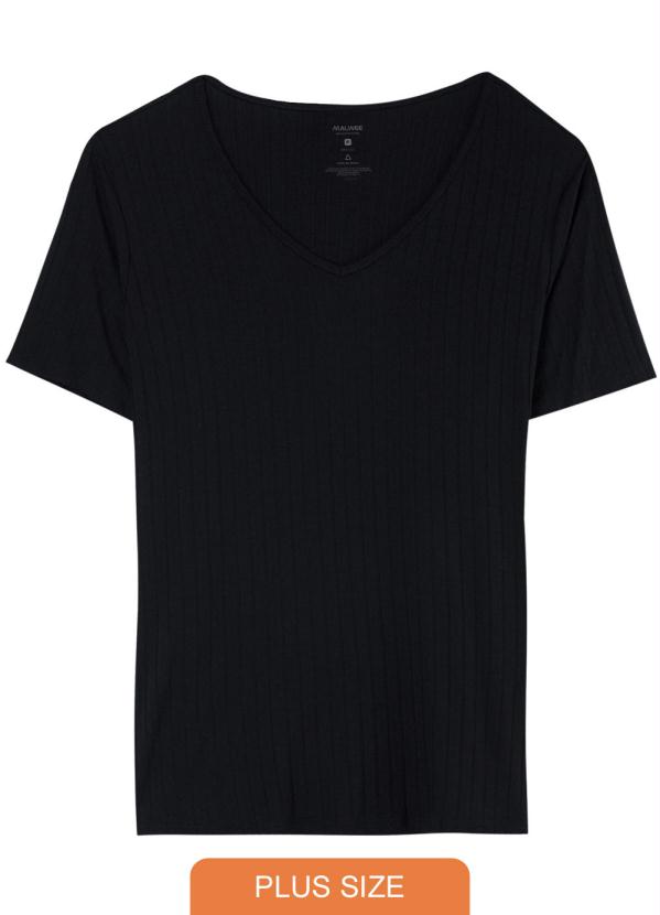 Malwee Plus - Blusa Preta Tradicional Canelada Decote V Plus