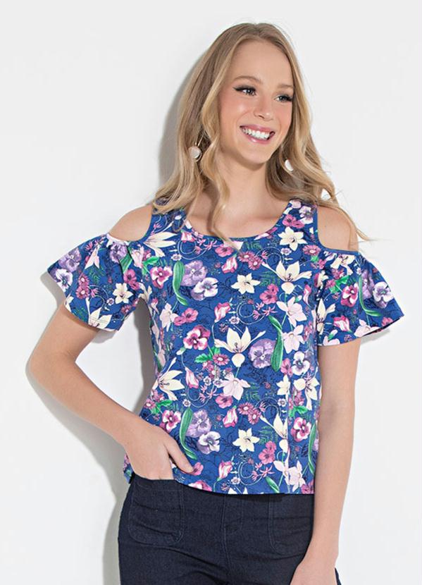 Quintess - Blusa Quintess Floral Azul Manga Formando Babado