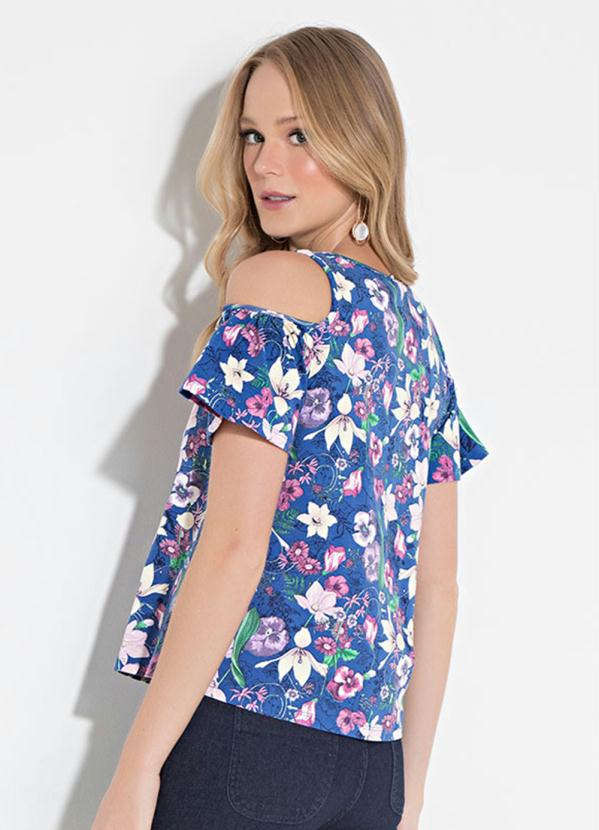 Quintess - Blusa Quintess Floral Azul Manga Formando Babado 2