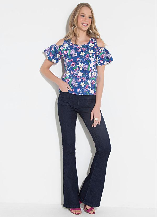 Quintess - Blusa Quintess Floral Azul Manga Formando Babado 3