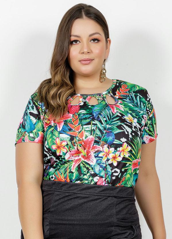 Blusa Tropical Com Vazados No Decote Plus Size Marguerite