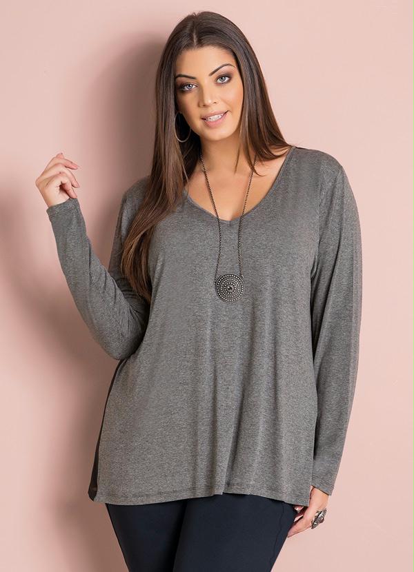 Quintess - Blusa com Transparência Mescla e Preta Plus Size