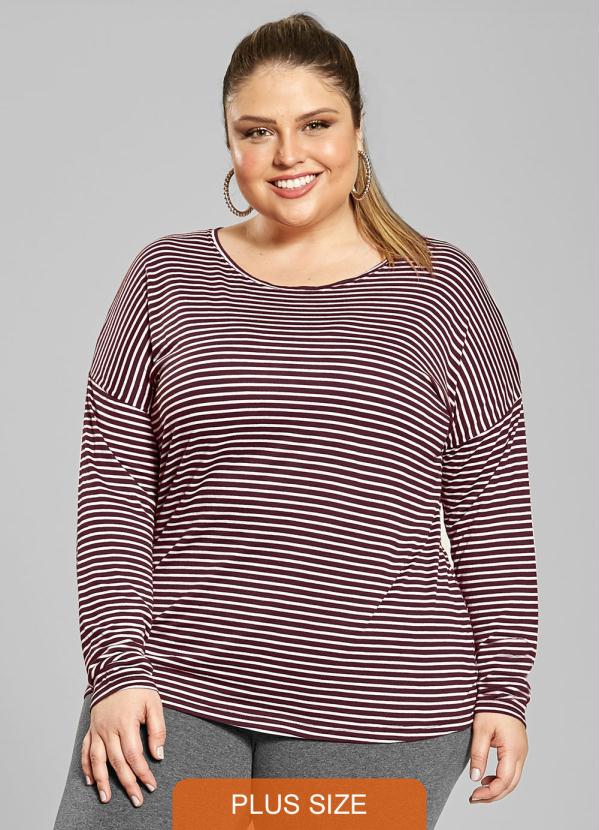 Rovitex Plus Size - Blusa Feminina Básica Listras Marrom