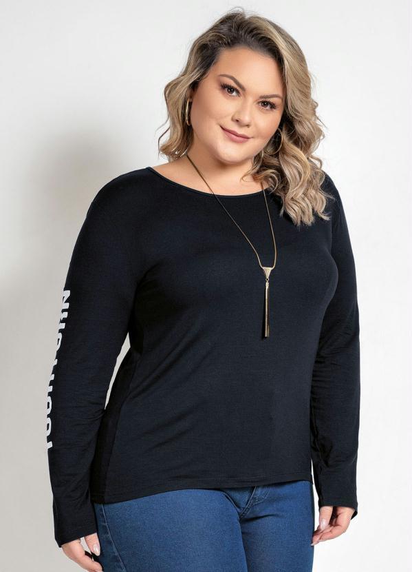 Blusa Preta Com Estampa Nas Mangas Plus Size Marguerite