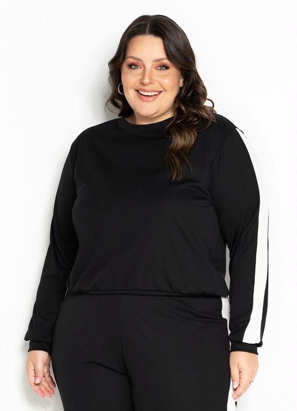 Marguerite - Blusa Preta com Recortes Contrastantes Plus Size